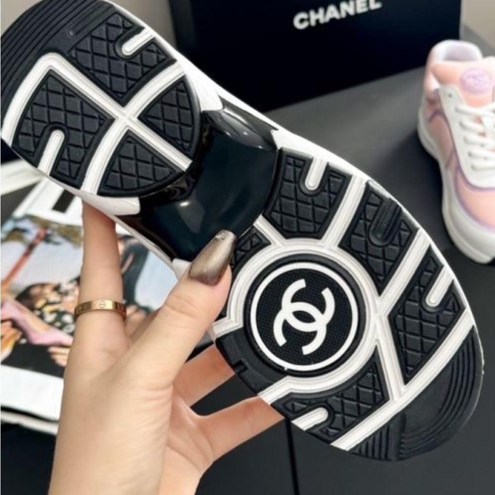 CHANEL Women's Black and White Logo Sneakers